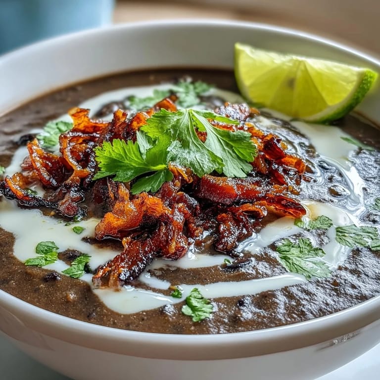 Velvety black bean soup with smoky bacon, tangy lime crema, and warm spices for a cozy meal.  