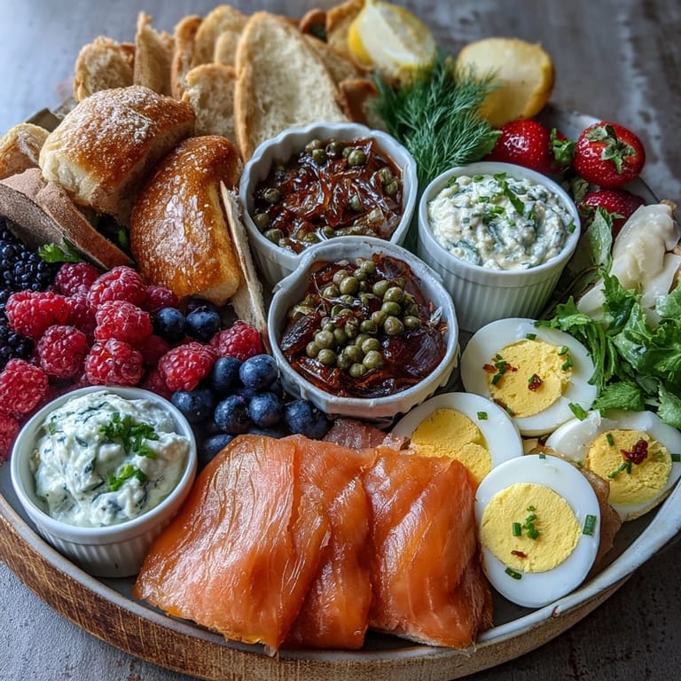 A beautiful Galentines brunch spread with cream cheese, smoked salmon, fresh berries, and crisp vegetables arranged artfully.  