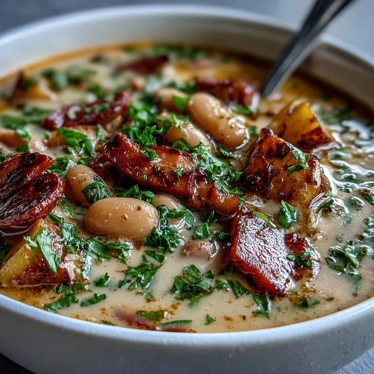 Hearty white beans, smoky ham, and diced potatoes simmer in a rich broth, creating a warming, gluten-free soup perfect for cold days.