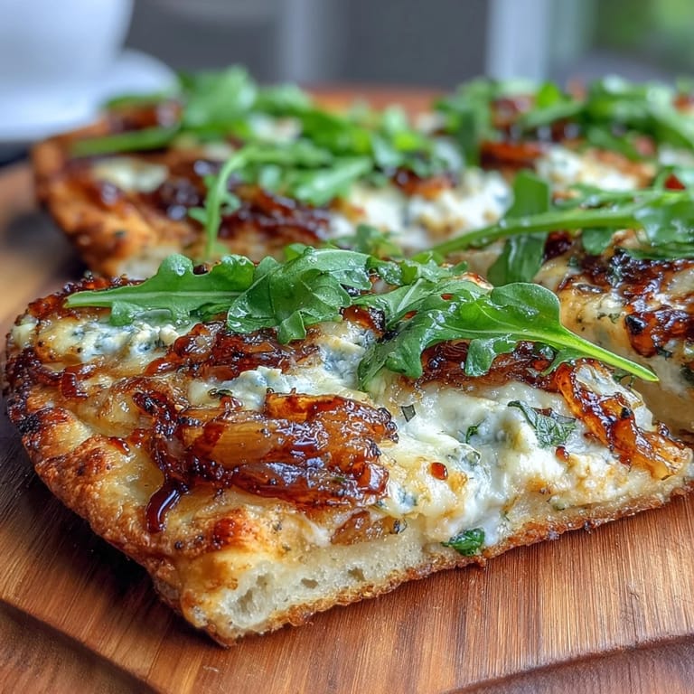 Crispy flatbread pizza loaded with sweet caramelized onions, melted mozzarella, tangy goat cheese, and fresh arugula.