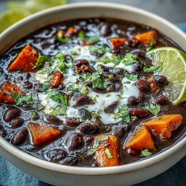 Hearty and creamy sweet potato soup with black beans, topped with zesty lime crema and sliced jalapeños for extra heat.  