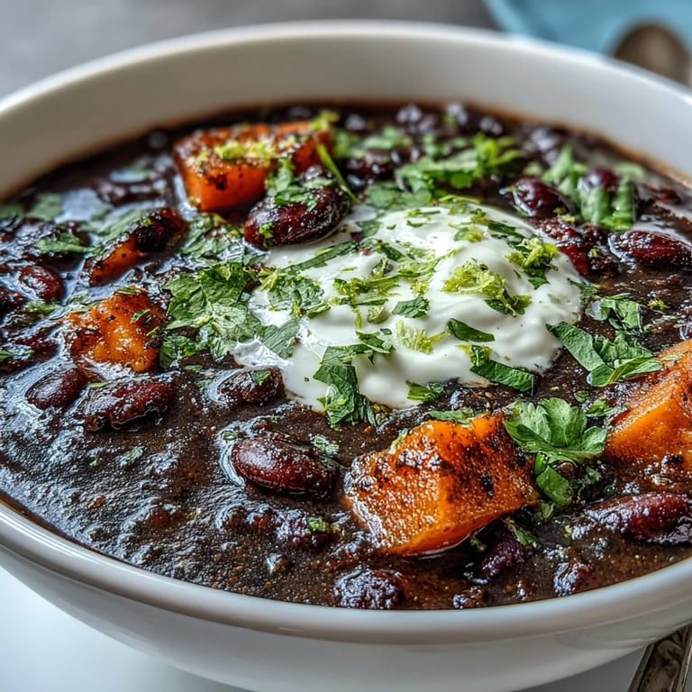 Cozy vegetarian soup featuring tender sweet potatoes, black beans, and a tangy lime crema drizzle, perfect for chilly evenings.