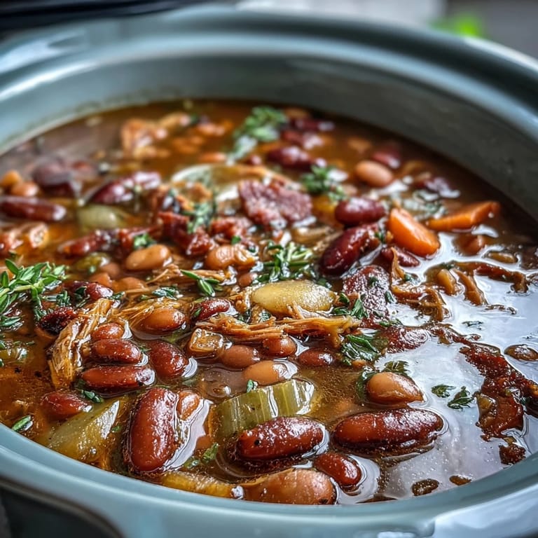Aromatic 15-bean crockpot soup with smoked turkey, perfect for chilly days and served with crusty bread.