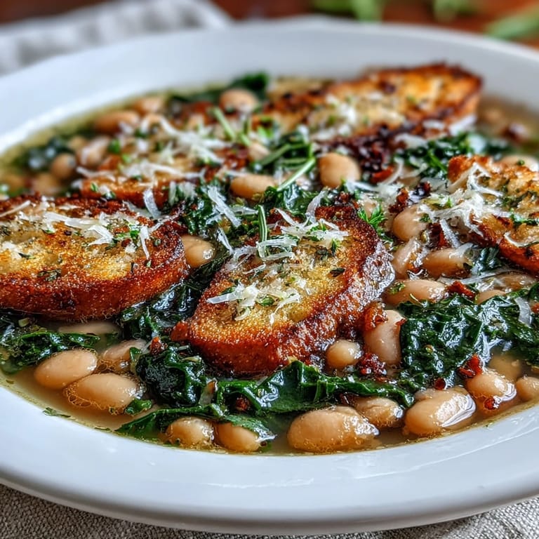 Hearty Tuscan soup with white beans, kale, and a hint of lemon zest, served with grated Parmesan for a nourishing dinner.
