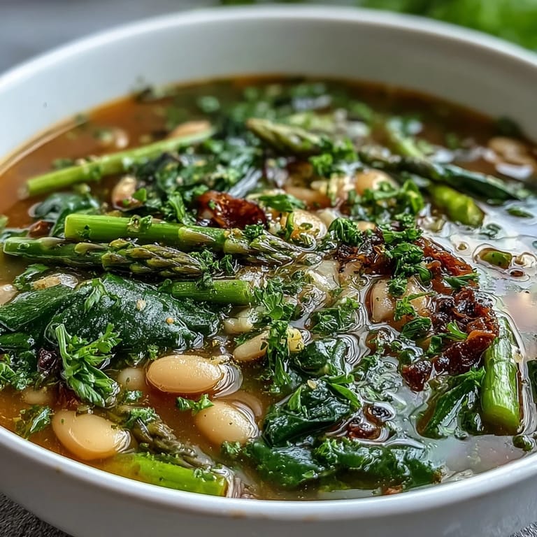 Hearty vegetarian minestrone featuring tender asparagus, creamy white beans, and fresh spring vegetables.