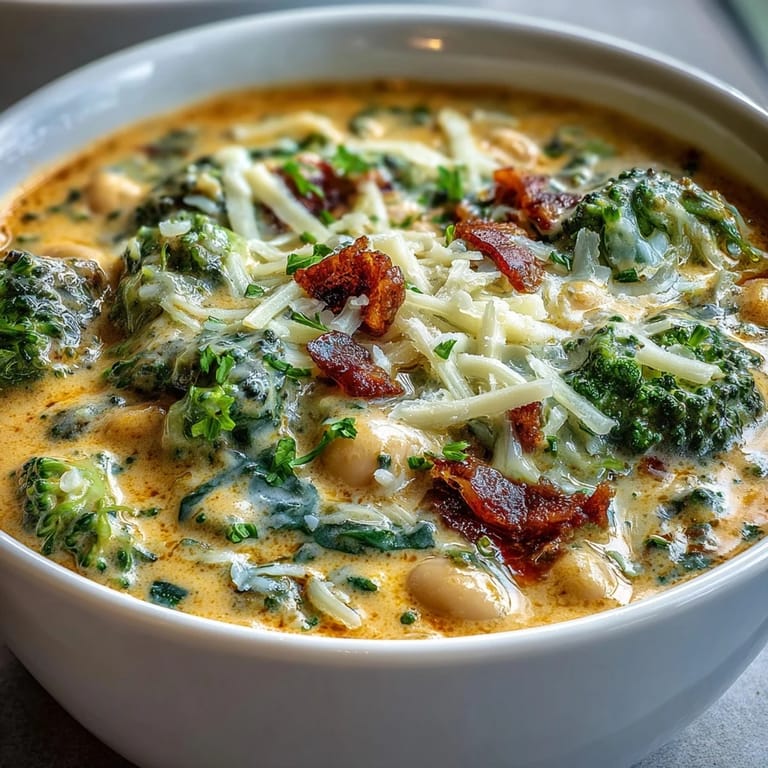 Velvety soup blending tender broccoli, cannellini beans, and sharp cheddar, served steaming hot in a deep white bowl.