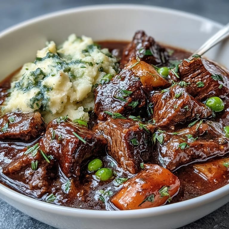 Rich and savory beef stew with lean meat, carrots, and peas, ladled over a smooth, low-carb cauliflower mash for comfort.