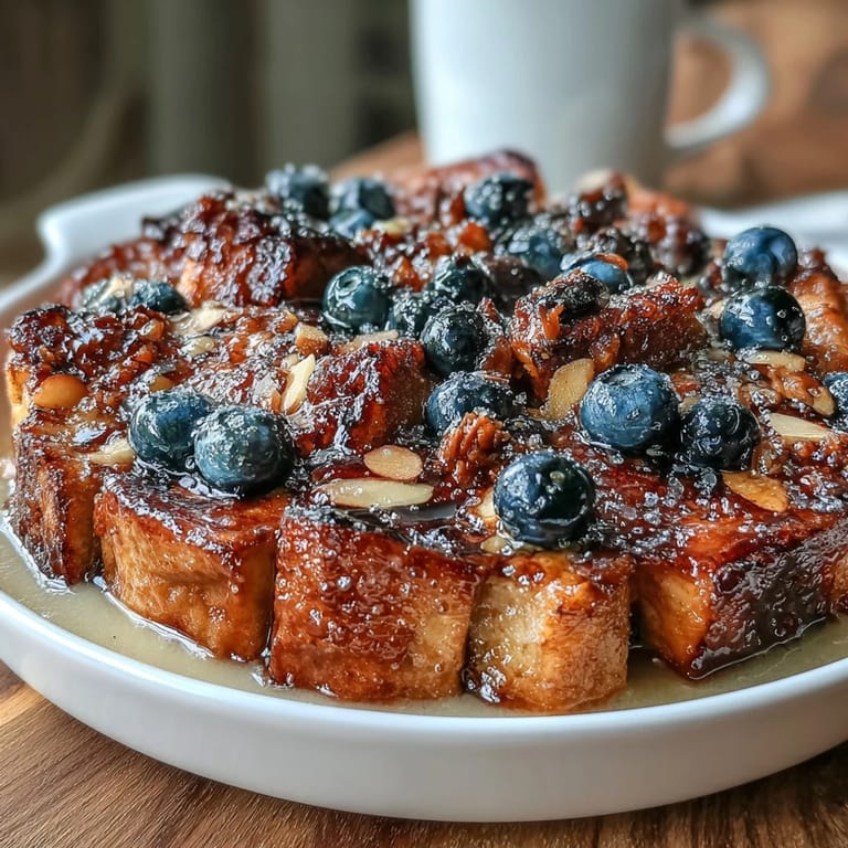 Tangy-sweet Blueberry Lemon Sourdough French Toast Casserole topped with crunchy almonds and powdered sugar, served warm from the oven.