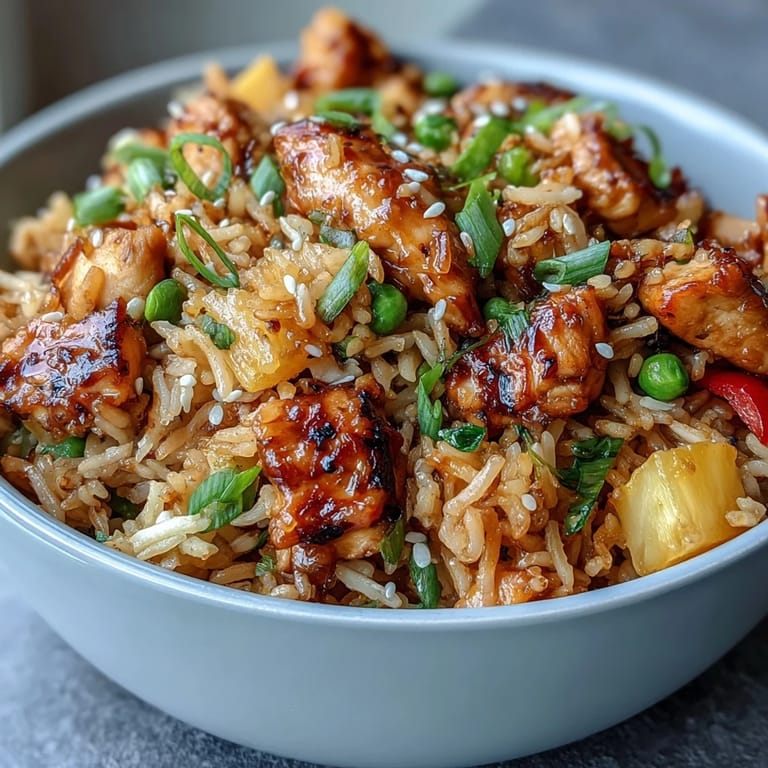 Colorful Asian fusion fried rice featuring tender chicken, tropical pineapple, and zesty sweet chili sauce, served with a lime wedge for extra brightness.