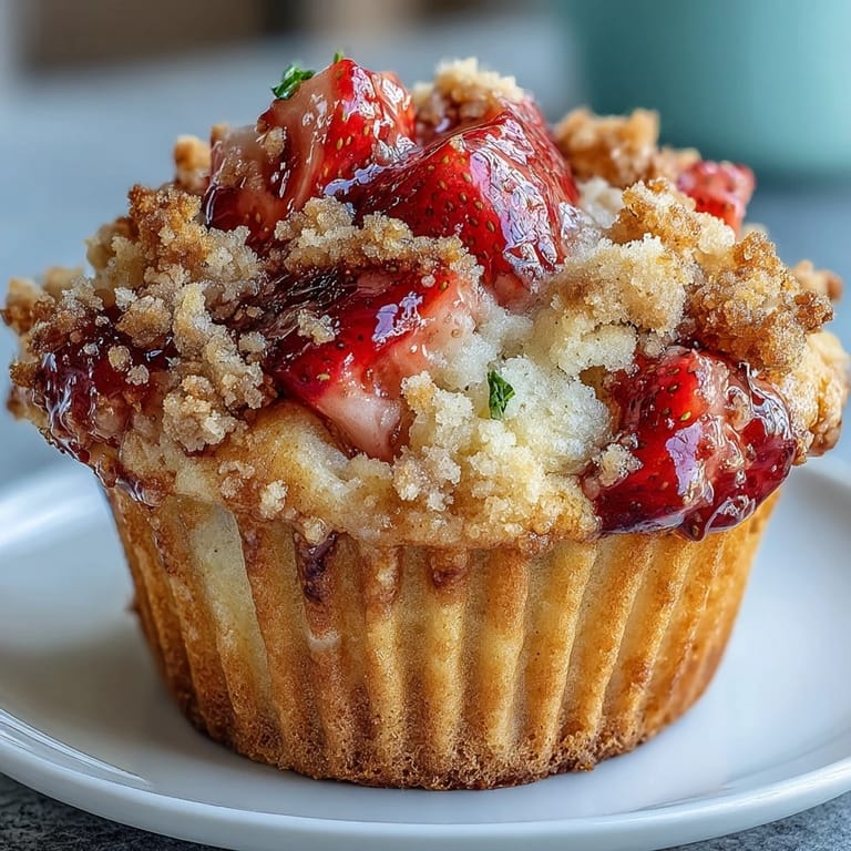 Fluffy muffins bursting with fresh strawberries, topped with a crunchy lemon-scented crumble and served on a rustic wooden board.