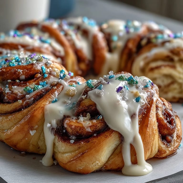 Golden baked Mardi Gras King Cake Cinnamon Roll Wreath drizzled with icing and colorful sanding sugars for celebration.