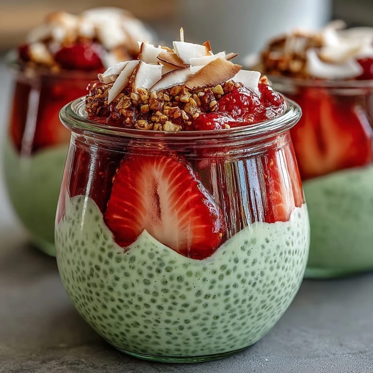 Layered chia pudding jars featuring strawberry puree, matcha yogurt, and a colorful breakfast or snack presentation.
