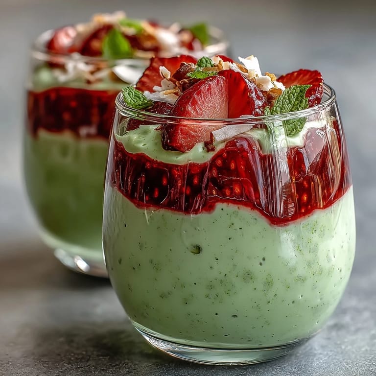 Beautifully layered chia pudding jars with fresh strawberries, coconut flakes, and a vibrant matcha green tea swirl.