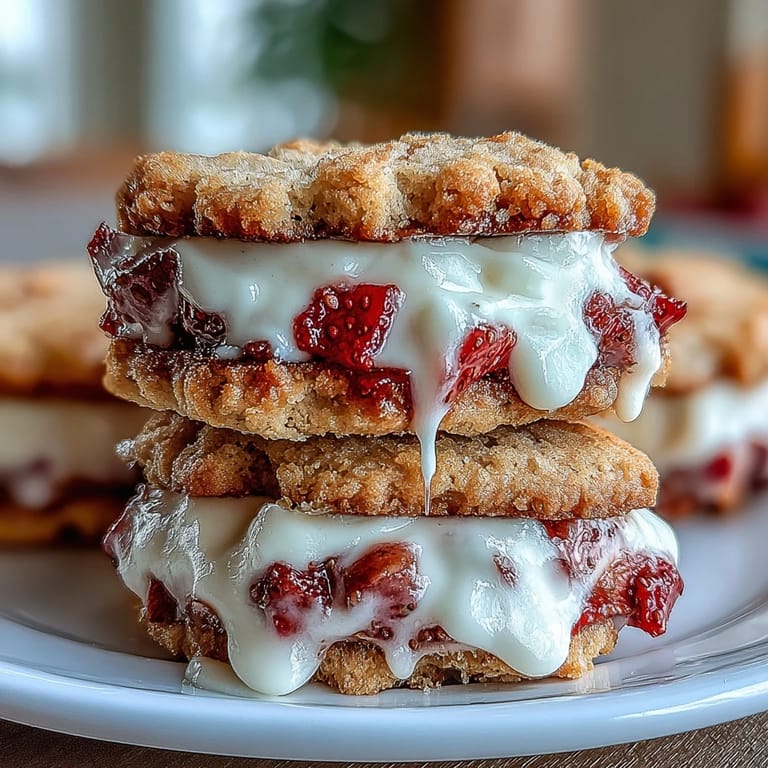 Golden strawberry shortcake cookies with a rich cream filling, showcasing juicy diced strawberries in a soft, buttery texture.  