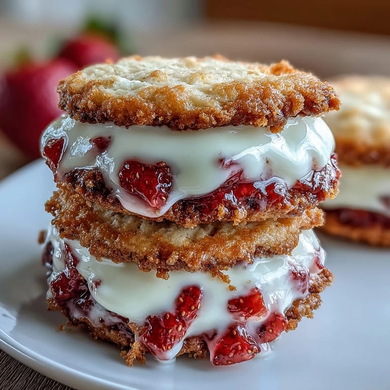Close-up of strawberry shortcake cookies with vanilla cream oozing between layers, garnished with fresh berries for a classic dessert twist.
