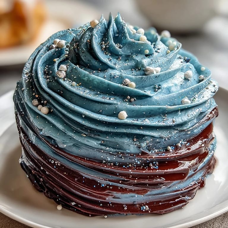 Shimmering edible glitter and galaxy-inspired buttercream swirls adorn this Pisces zodiac cake, perfect for birthdays or starry celebrations with a moist vanilla base.