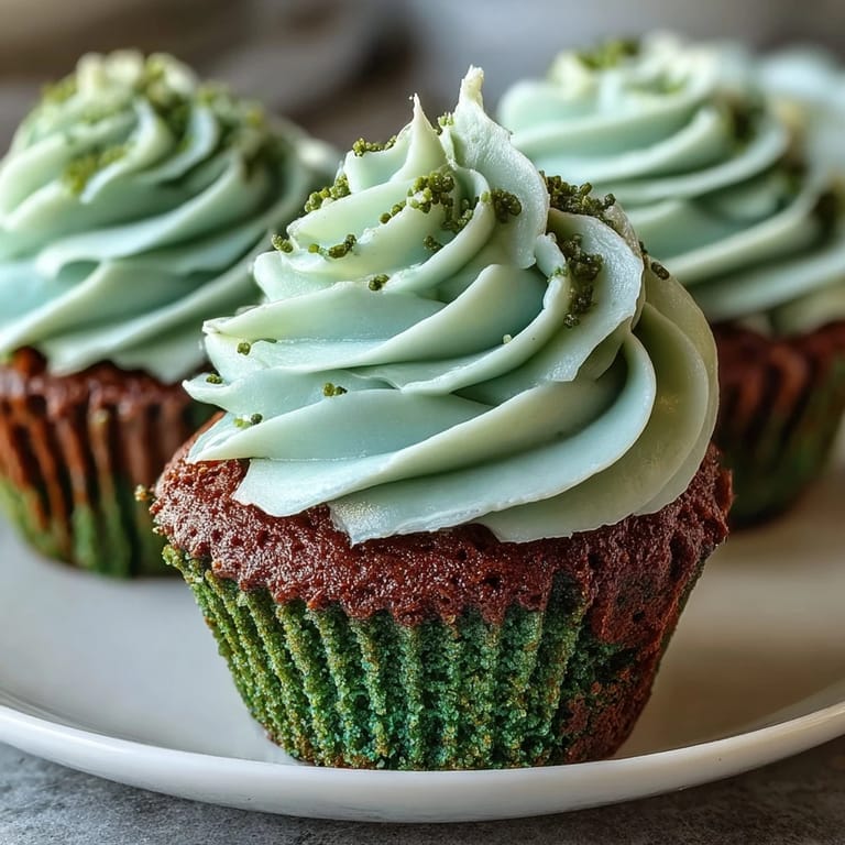 Rich green velvet cupcakes topped with smooth cream cheese frosting and colorful green sprinkles, ideal for holiday dessert tables.