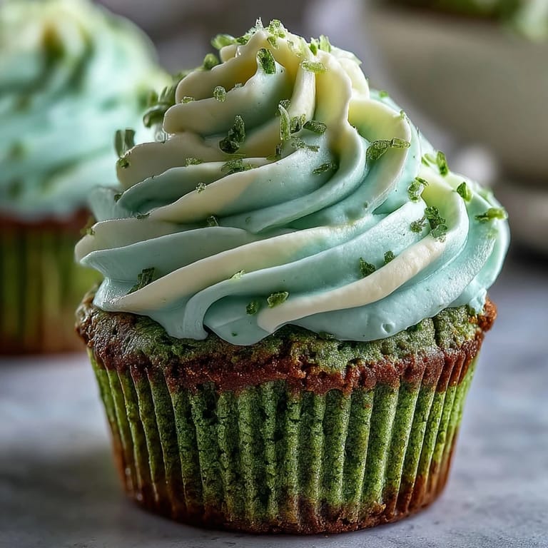 Soft and moist green velvet cupcakes swirled with tangy cream cheese frosting, decorated with festive green accents for St. Patrick's Day.