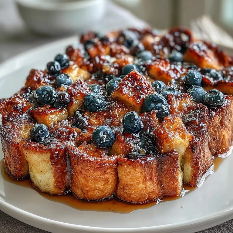 Sourdough French Toast Bake topped with fresh blueberries and a tangy lemon custard, drizzled with butter and cinnamon sugar for a sweet, satisfying breakfast.