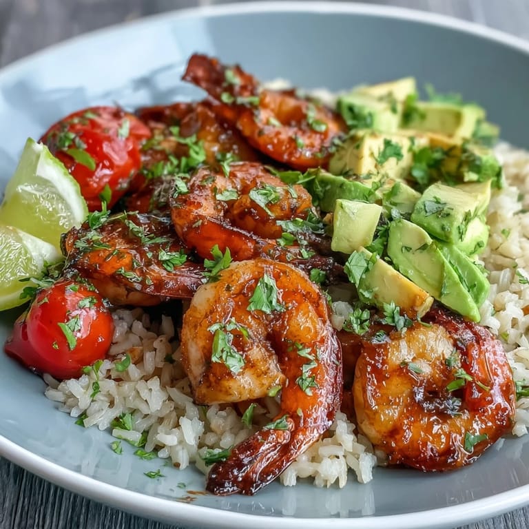 Succulent shrimp sautéed in garlic and lemon served over brown rice with avocado, tomatoes, and cucumber.  