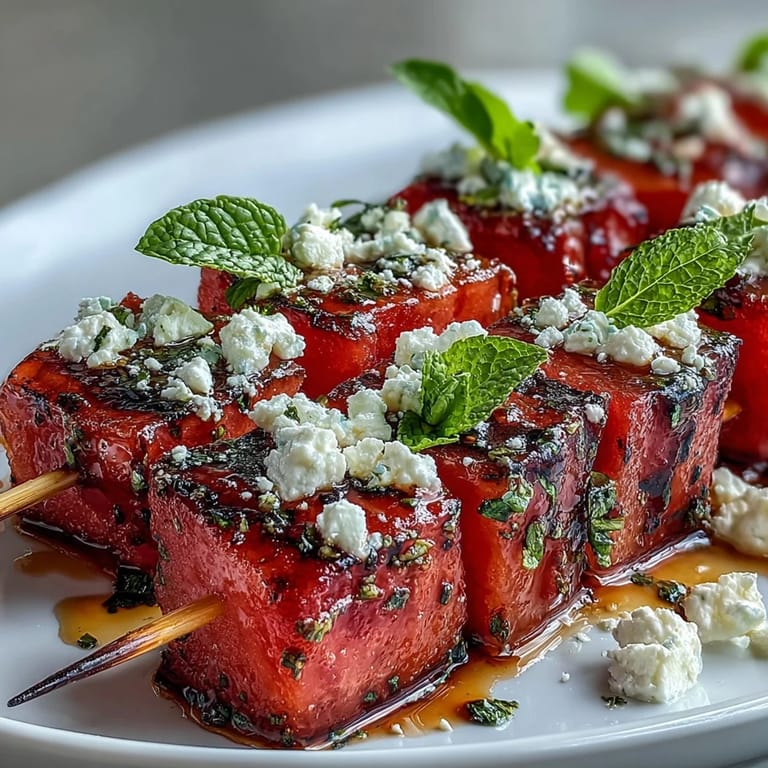 Colorful watermelon and feta cubes on skewers, accented with mint leaves and balsamic glaze for a Mediterranean bite.  