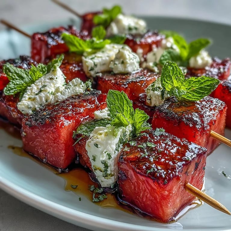 Juicy watermelon, creamy feta, and mint skewers, perfect for parties and refreshing summer gatherings.