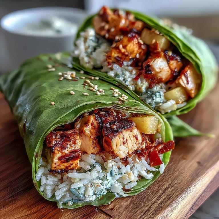 Tropical pineapple chicken and rice lettuce wraps, served with lime wedges and sesame seeds for extra flavor.  