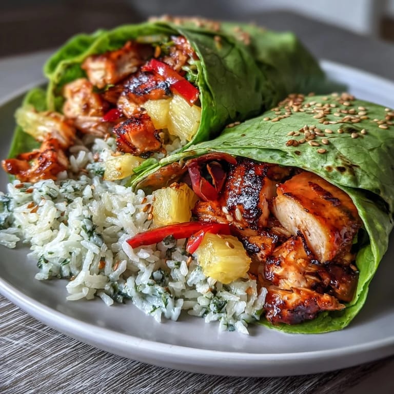 Colorful pineapple chicken and rice lettuce wraps, a refreshing gluten-free meal wrapped in crisp lettuce leaves.