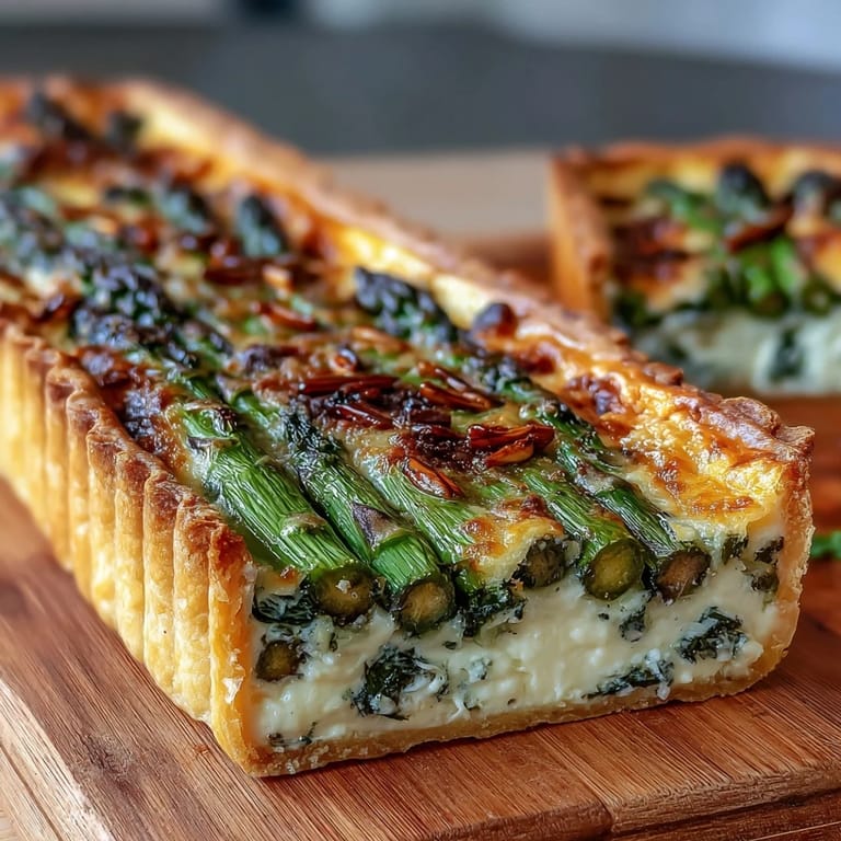 Flaky spring asparagus tart topped with Gruyère cheese, crème fraîche, and lemon zest—an elegant vegetarian recipe for brunch or dinner.