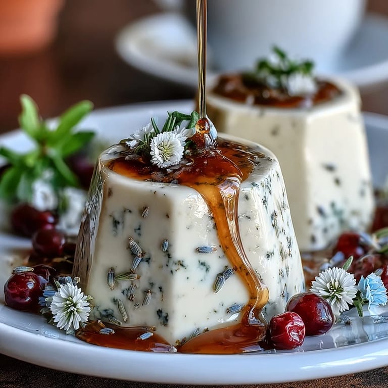 Delicate lavender-infused panna cotta topped with edible flowers and honey, springtime dessert treat.