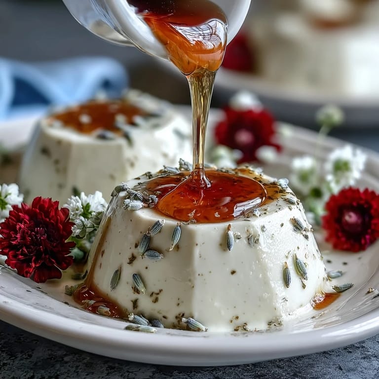 Silky honey lavender panna cotta, served in ramekin with fresh berries and floral garnish.