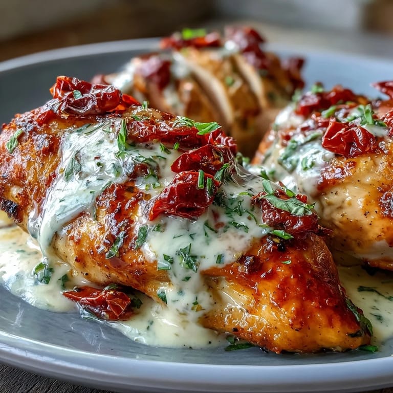 Cozy weeknight dinner: Creamy Tuscan Chicken with Sun-Dried Tomatoes, spinach, and aromatic herbs.