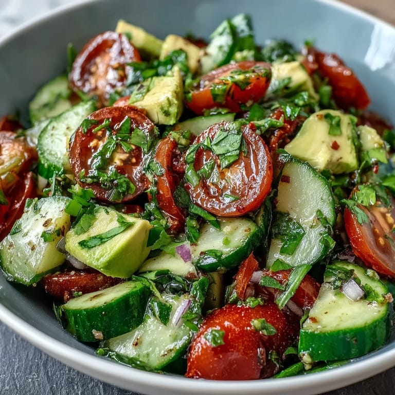 Healthy Cucumber Tomato Avocado Salad with Lemon Dressing - easy vegetarian salad combining crunchy cucumbers, ripe tomatoes, smooth avocado, and bright lemon vinaigrette.