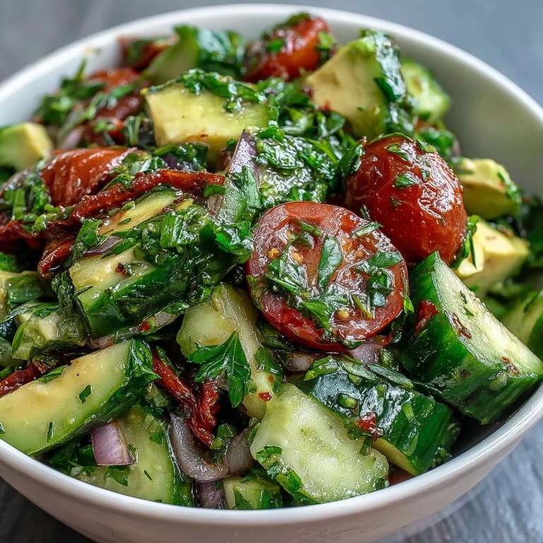 Refreshing Cucumber Tomato Avocado Salad with Lemon Dressing - perfect light lunch or side dish featuring fresh vegetables and tangy citrus dressing.