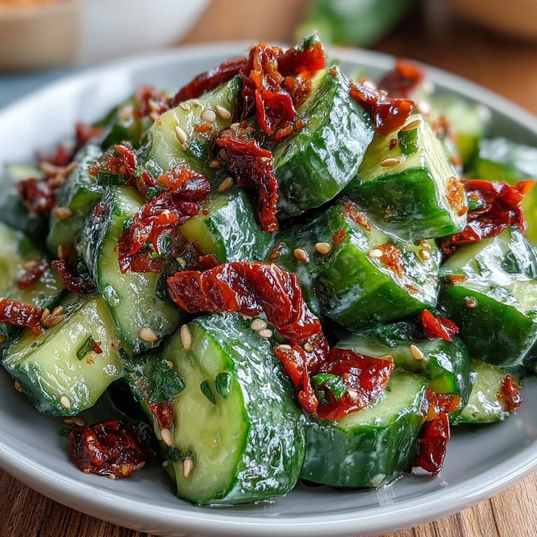 A vibrant, spicy cucumber salad with garlicky chili oil, perfect as a vegan appetizer or side dish.