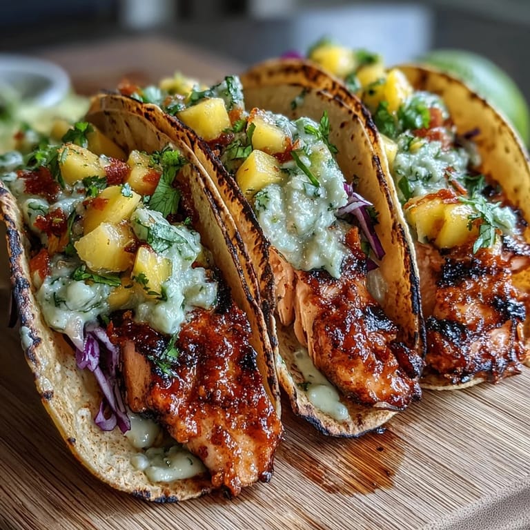 These grilled salmon tacos with mango salsa combine smoky fish and sweet fruit for a refreshing meal.