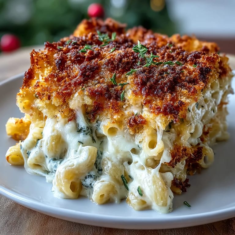 Baked macaroni and cheese casserole, rich and creamy with melted Gruyère and sharp cheddar.
