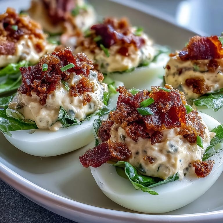 Perfect party appetizer: BLT Deviled Eggs with smoky bacon and crunchy lettuce topping.