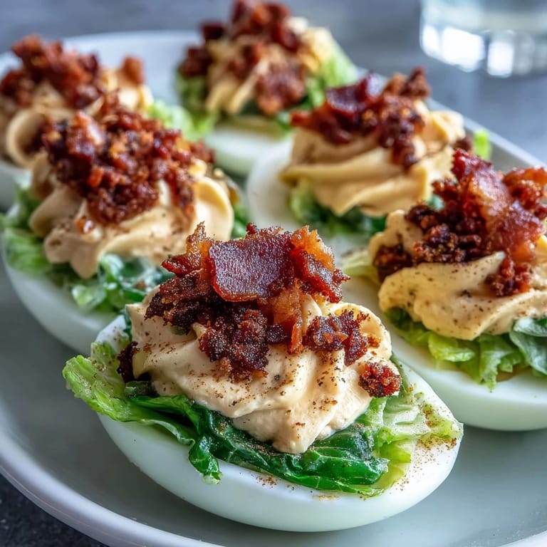Classic deviled eggs with BLT twist, featuring tangy filling and juicy tomato garnish.  