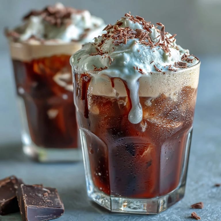 Rich and creamy chocolate cream cold brew served over ice, garnished with shaved chocolate for an indulgent coffee treat.
