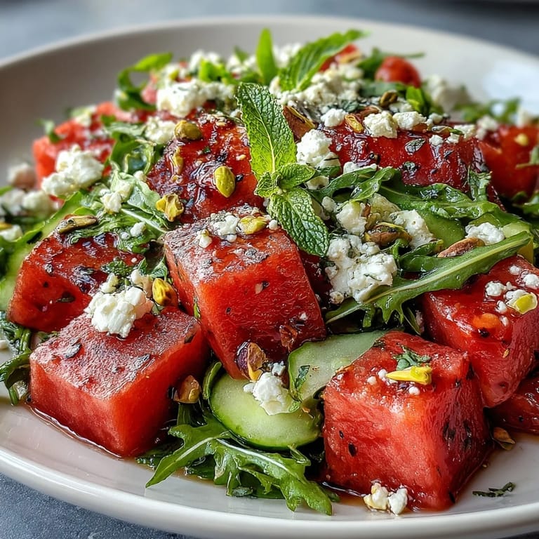 Bright summer salad featuring juicy watermelon, peppery arugula, and creamy feta in a zesty lime vinaigrette.  