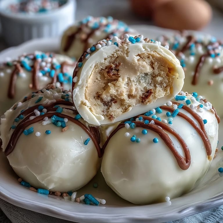White Chocolate Peanut Butter Easter Eggs with Sprinkles: Bite-sized peanut butter eggs enrobed in white chocolate and finished with cheerful sprinkles for a delightful holiday dessert.