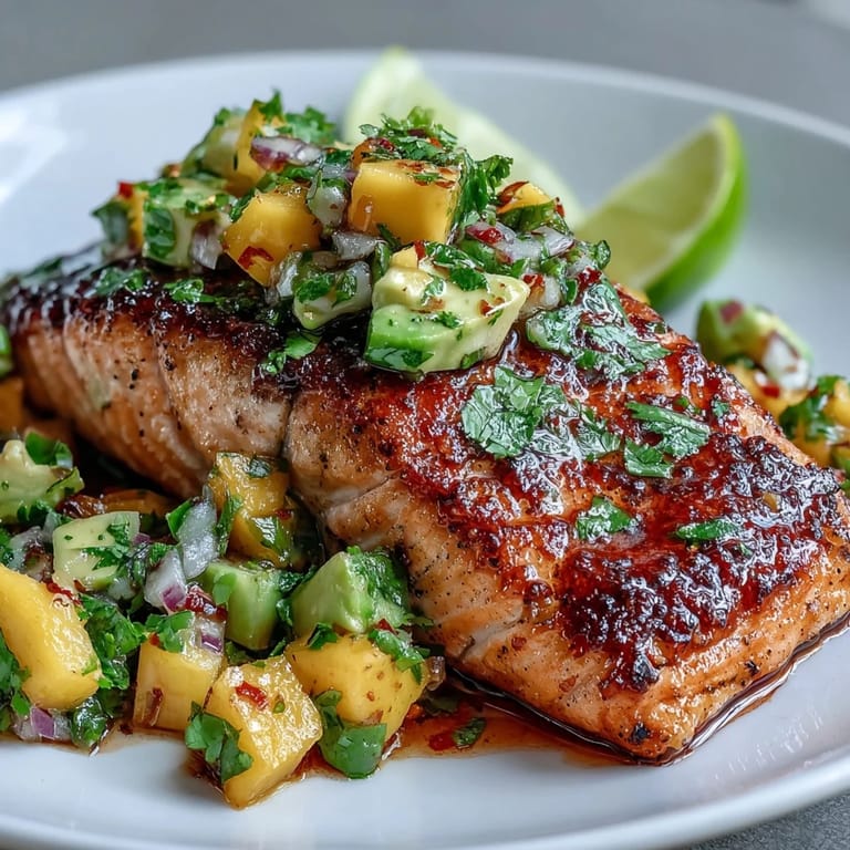 Oven-baked salmon fillet topped with zesty mango avocado salsa for a bright, healthy dinner.  