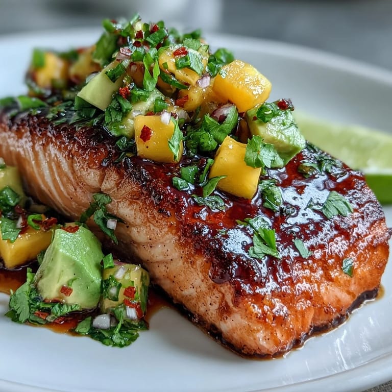 Golden-baked salmon paired with vibrant mango avocado salsa, a perfect summer meal for seafood lovers.