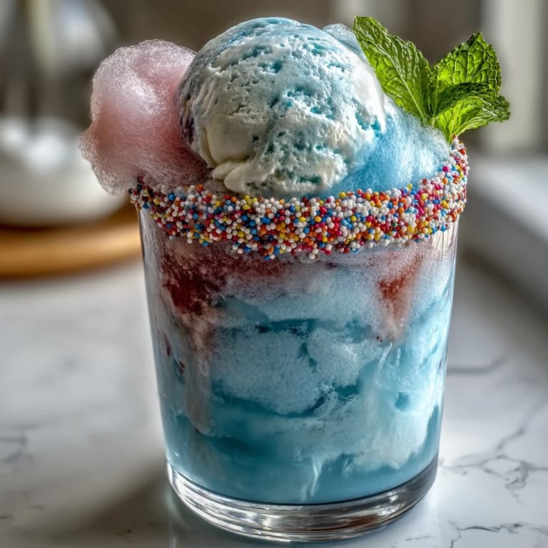 Creamy Cotton Candy Lemonade Float with colorful cotton candy and vanilla ice cream, served in a sprinkle-rimmed glass with lemon slices.