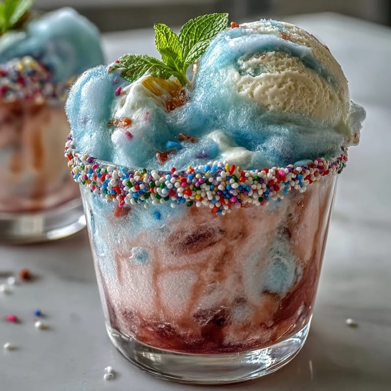 Festive Cotton Candy Lemonade Float featuring sweet cotton candy melting into tart lemonade with a scoop of vanilla ice cream and mint garnish.