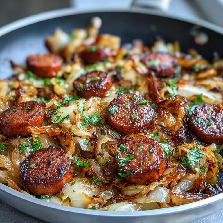 Rustic cabbage and sausage skillet featuring browned sausage, caramelized onions, and crisp-tender cabbage with whole grain mustard.