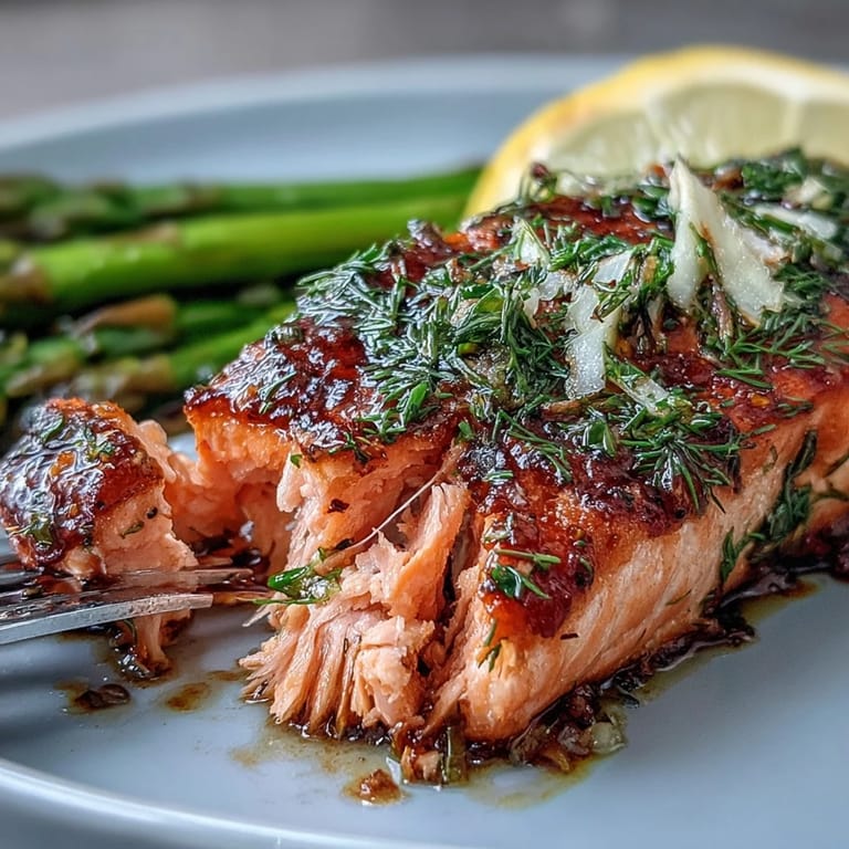 Golden roasted salmon with lemon slices and tender asparagus, infused with garlic and dill for a bright, nutritious dish.