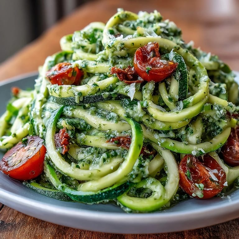 Colorful spiralized zucchini coated in fragrant basil pesto, garnished with cherry tomatoes and Parmesan.  