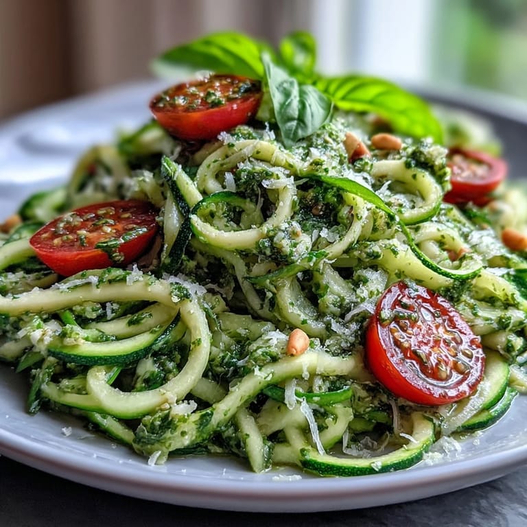 Fresh zucchini noodles in creamy raw pesto, topped with cherry tomatoes and extra basil leaves.